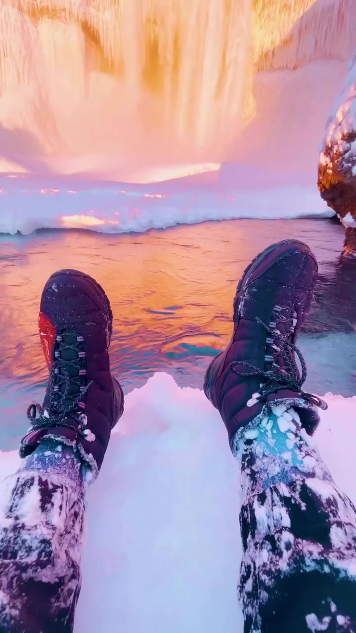 Snowy Waterfall Hike: Scenic First-Person View