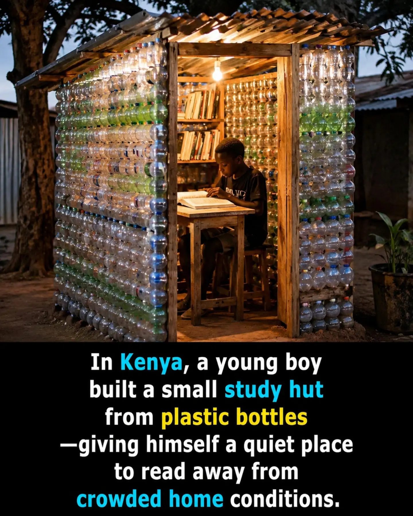 Kenyan Boy Builds Study Hut From Recycled Plastic Bottles