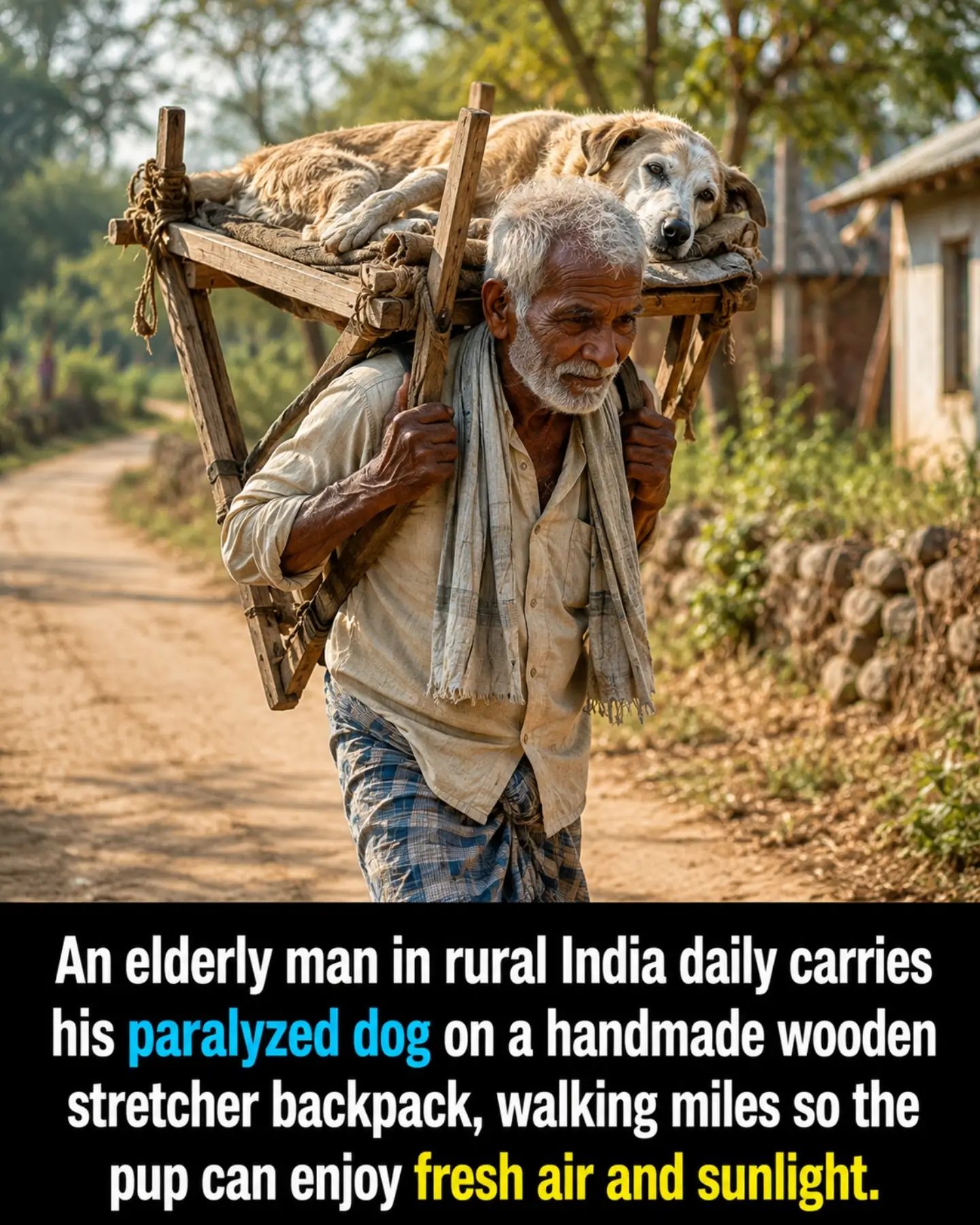 Elderly Man's Daily Walk with Paralyzed Dog in Rural India