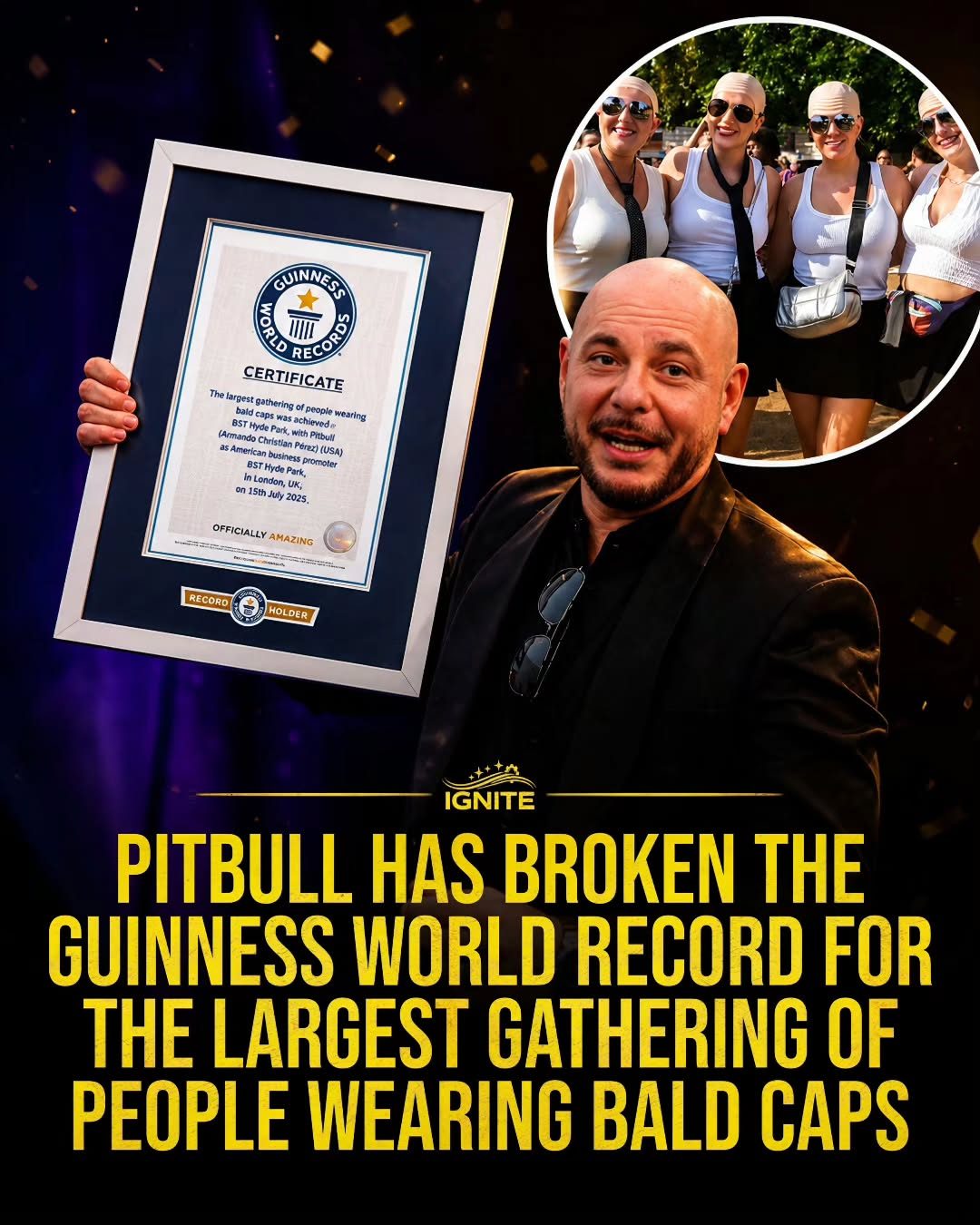Pitbull's Guinness Record: Largest Bald Cap Gathering