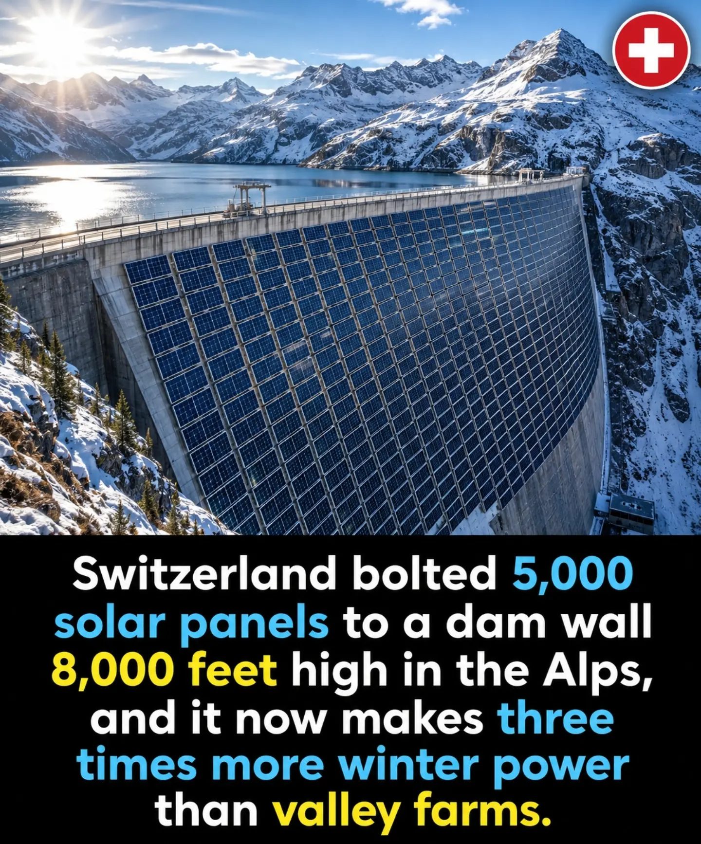 Solar Panels on Swiss Dam Triple Winter Power
