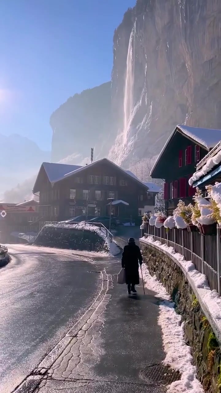 Swiss Village Winter Walk with Waterfall Views