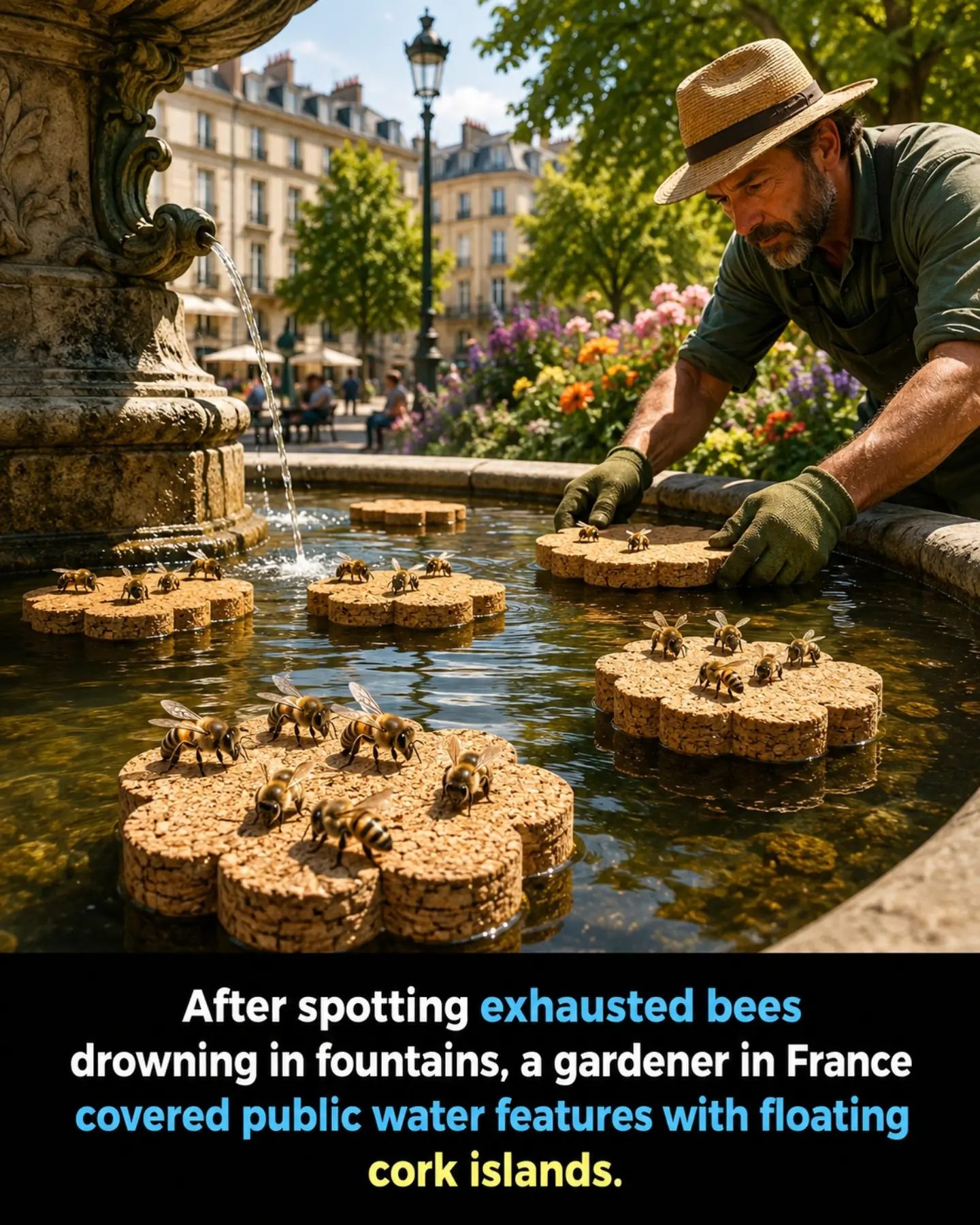 Gardener's Creative Bee Rescue in French Fountains