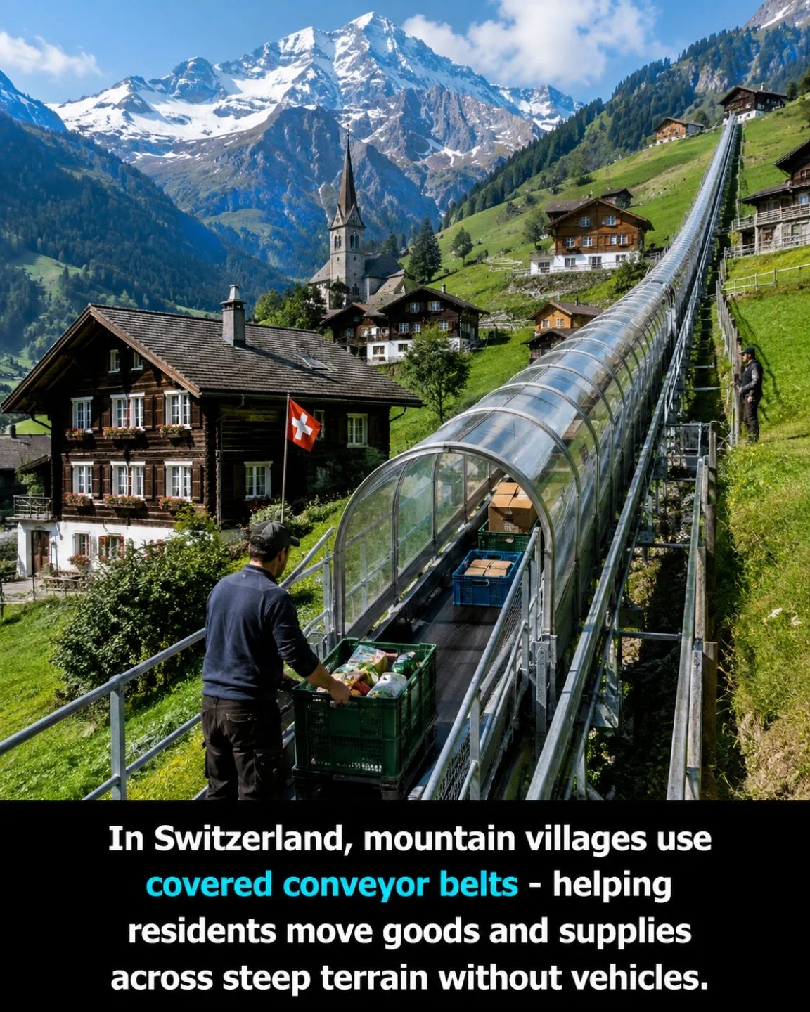 Swiss Villages Transport Goods via Covered Conveyors