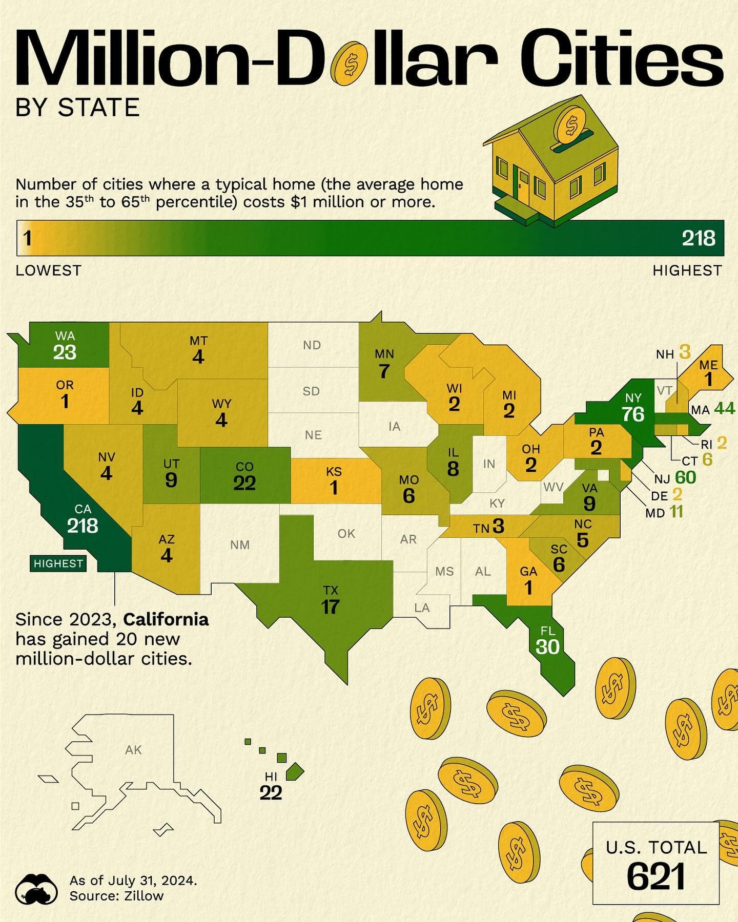 Million-Dollar Cities Map: 621 U.S. Cities Now Worth $1M or More