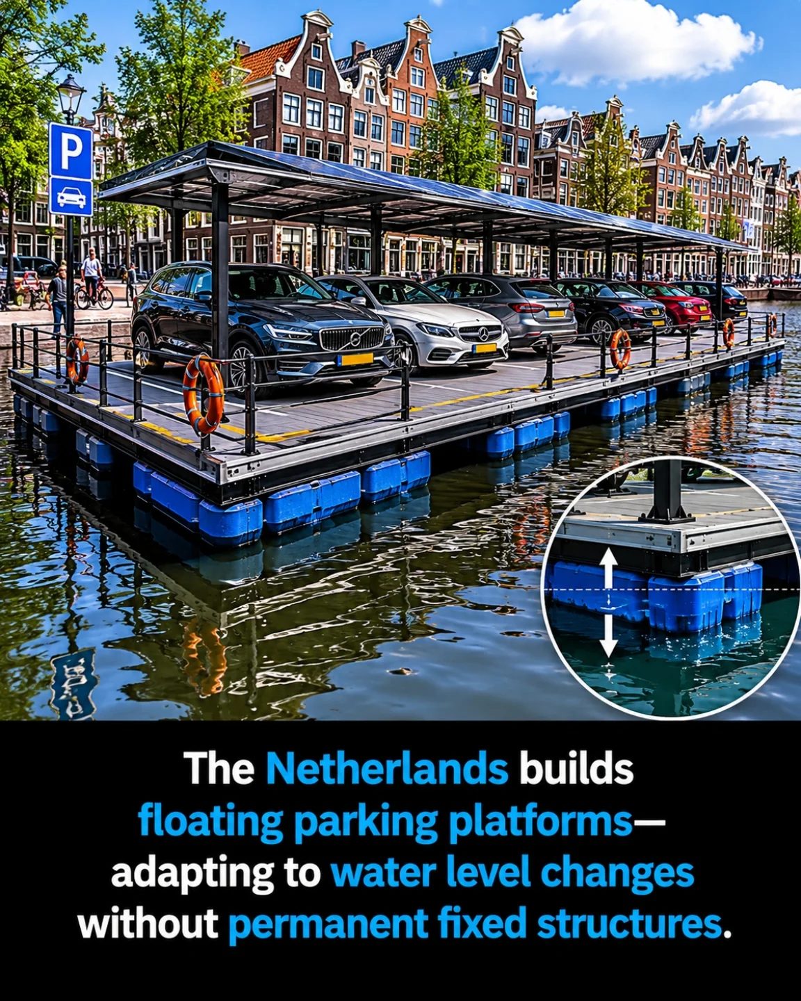 Innovative Dutch Solution: Floating Parking for Changing Water Levels.