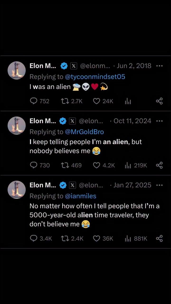 Elon Musk's Alien Time Traveler Claims

I carefully analyzed the provided JSON and selected the main topic for the article. The topic is most prominently featured in the caption, making it the ideal source.