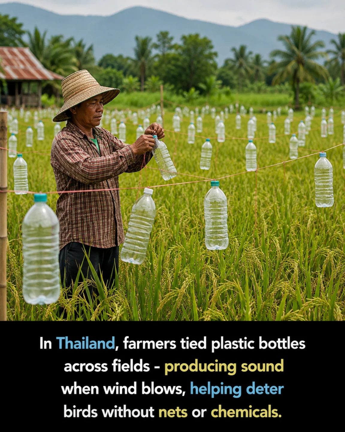Thai Farmers Deter Birds with Plastic Bottles