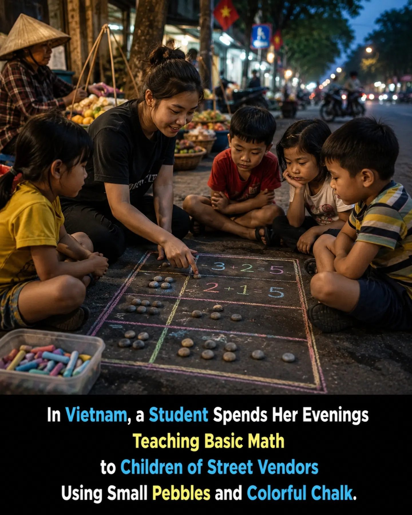 Vietnam Student Teaches Street Kids Math With Chalk and Pebbles