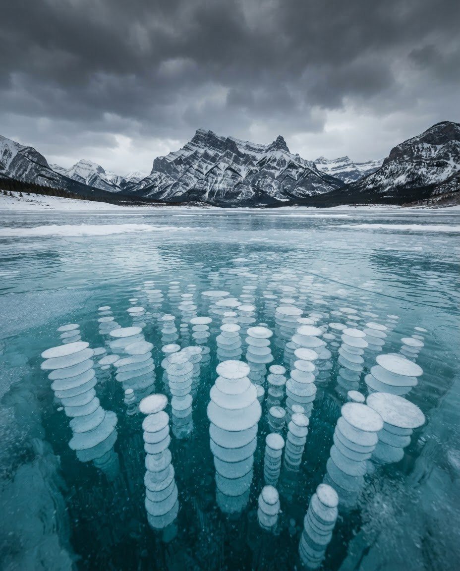Frozen Lake Landscape: Ice Formations and Mountains