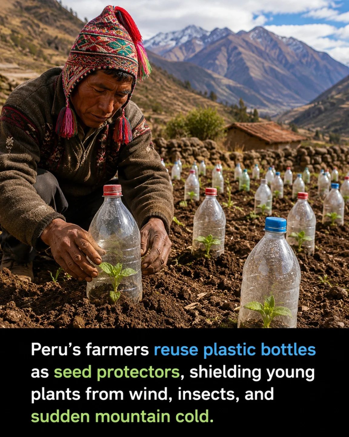 Peru Farmers Use Plastic Bottles to Shield Young Plants