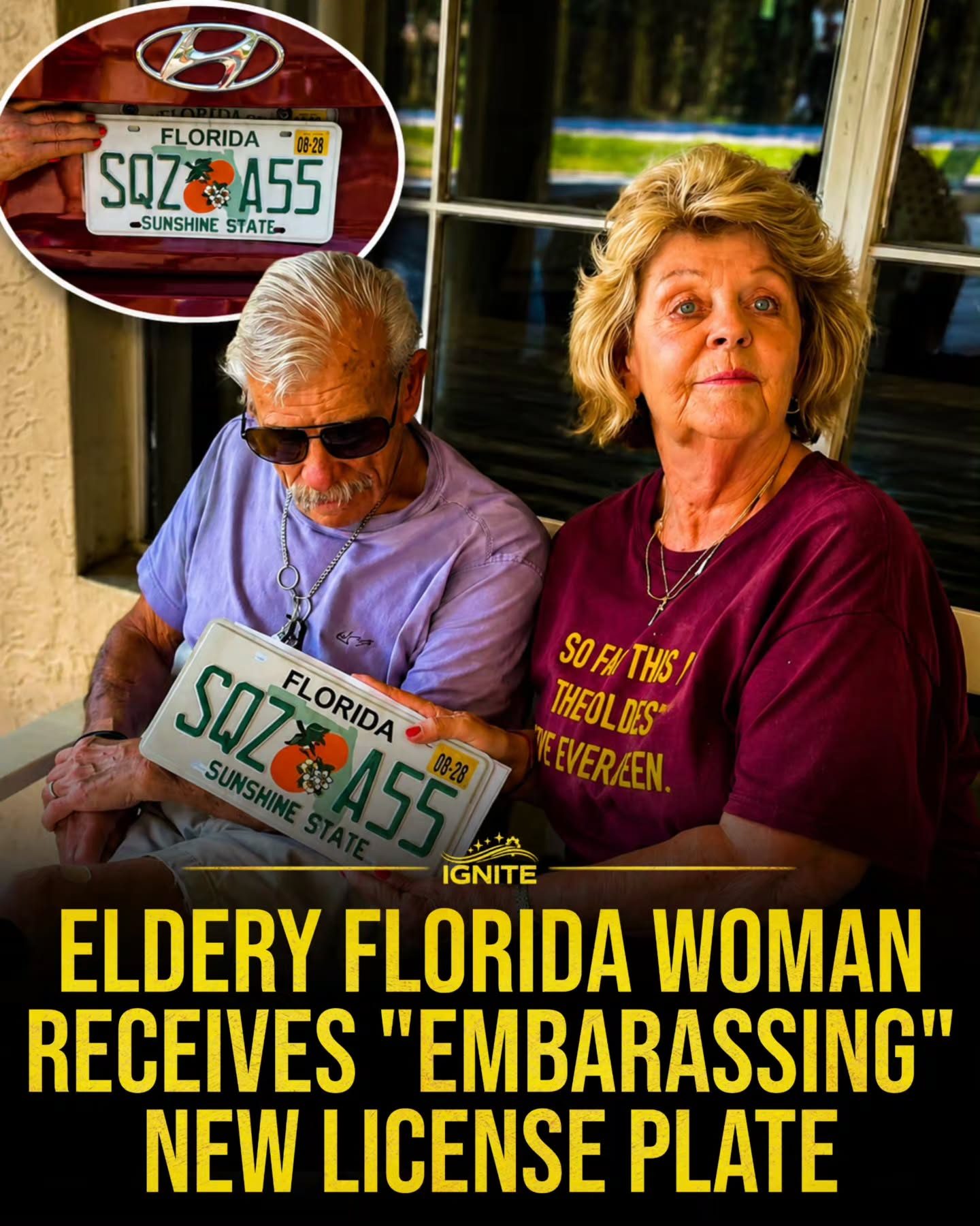 Elderly Women's Reaction to Embarrassing Florida License Plate