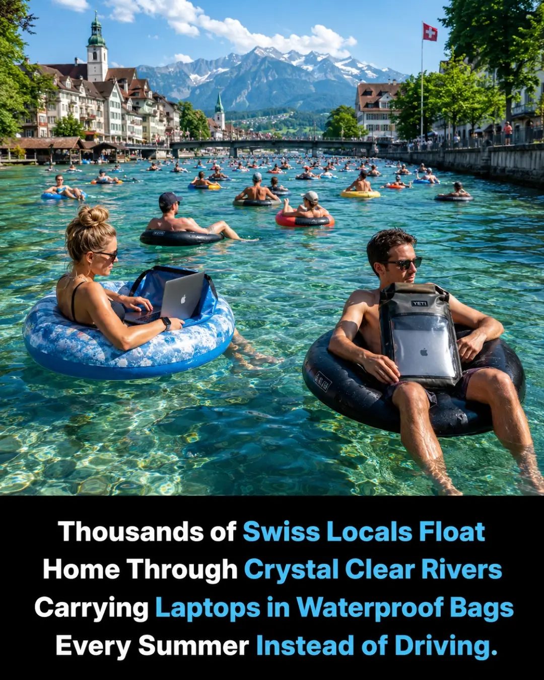 Swiss Locals' Unique Summer Tradition: Floating with Laptops