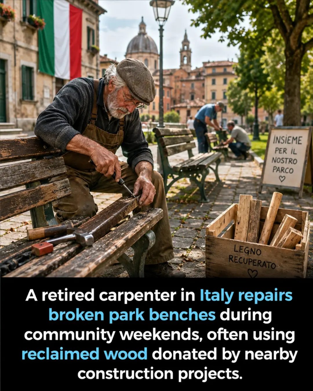 Italian Retired Carpenter Revamps Park Benches with Reclaimed Wood