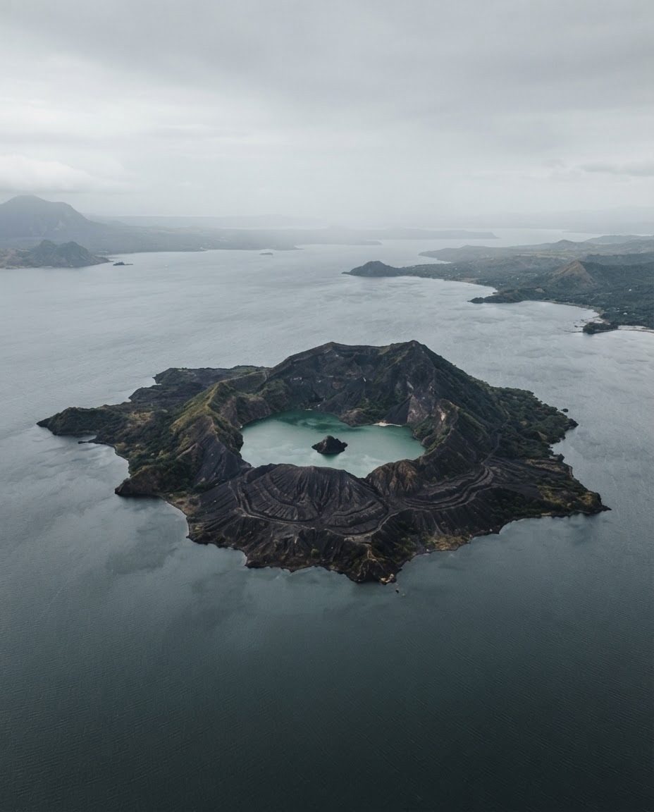 Volcanic Island with Crater Lake: Aerial View