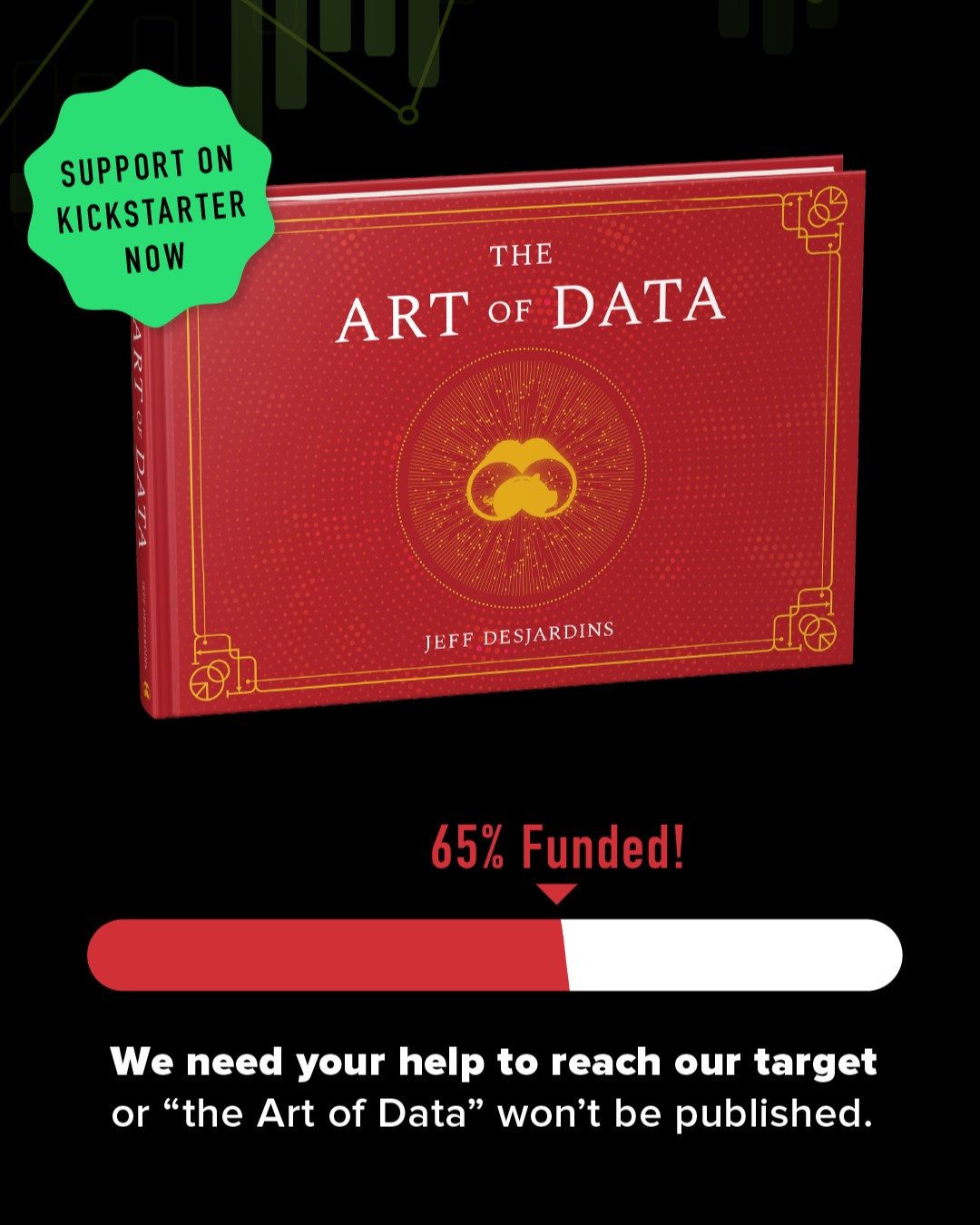 Ultimately, this has to be a unique article title, and the topic is "The Art of Data" by Jeff Desjardins. The  detail provided in the sources are the Kickstarter campaign and the need for funding.

The Art of Data Book: Kickstarter Campaign Needs Your Support