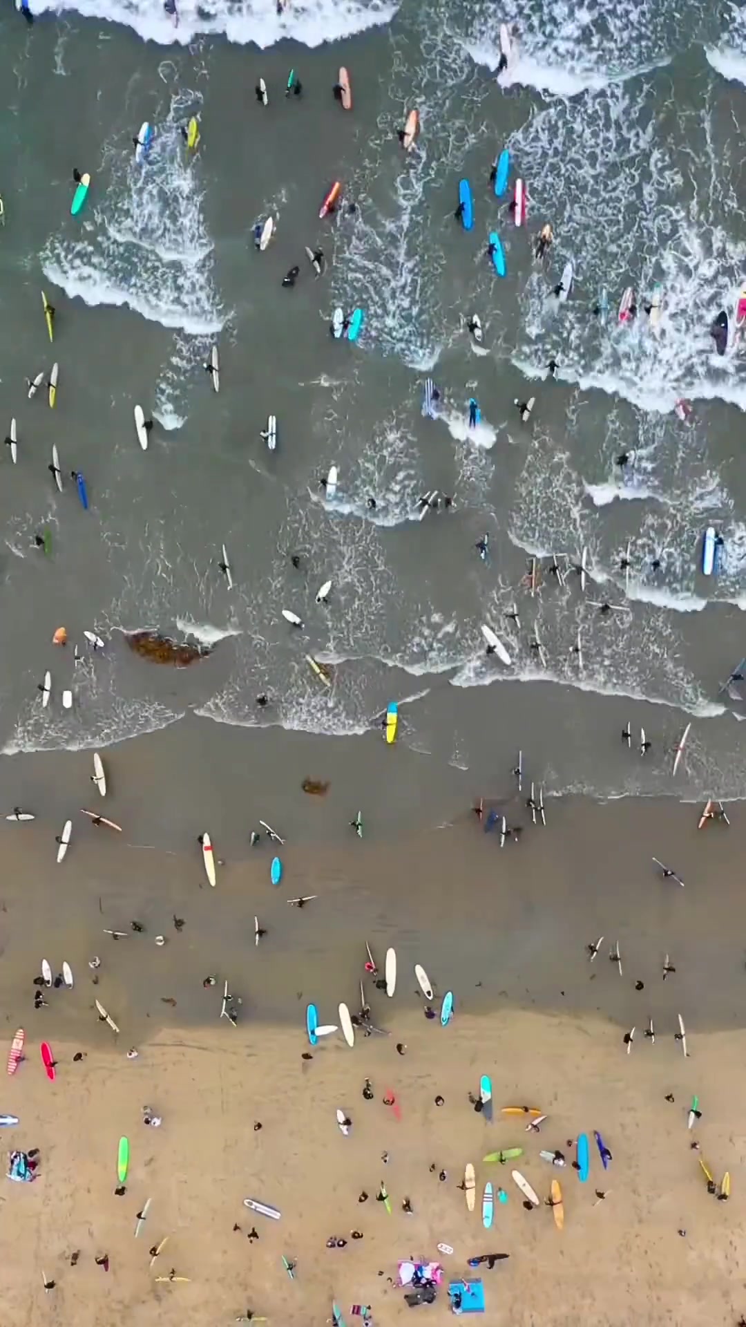 Aerial View of Surfers on a Crowded Beach