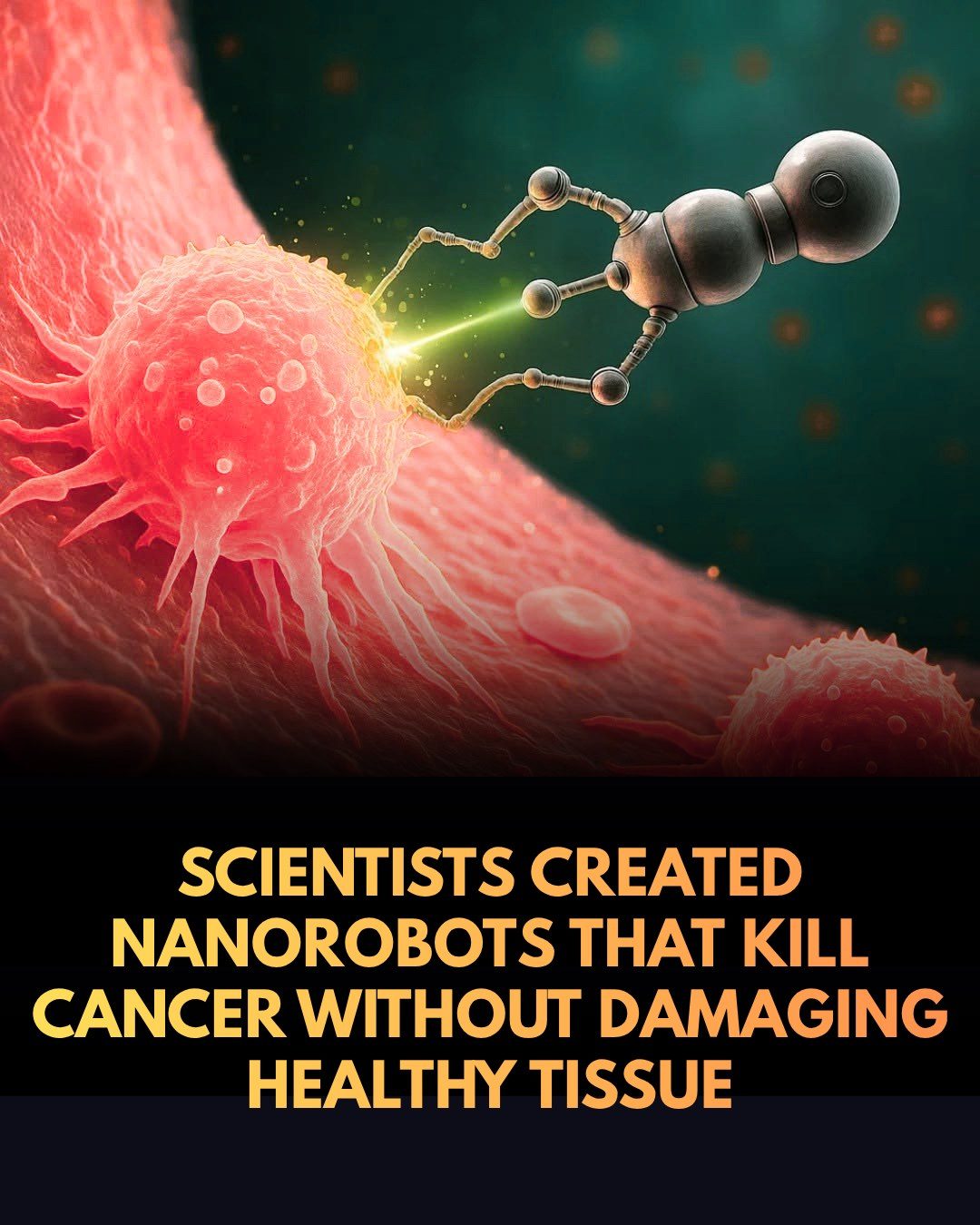 Nanobots Target and Destroy Cancer Cells

This title is based on the keywords "nanobots", "cancer", "cells", and the action verbs from the caption and OCR. It captures the main topic and action of the article and is within the preferred character range.