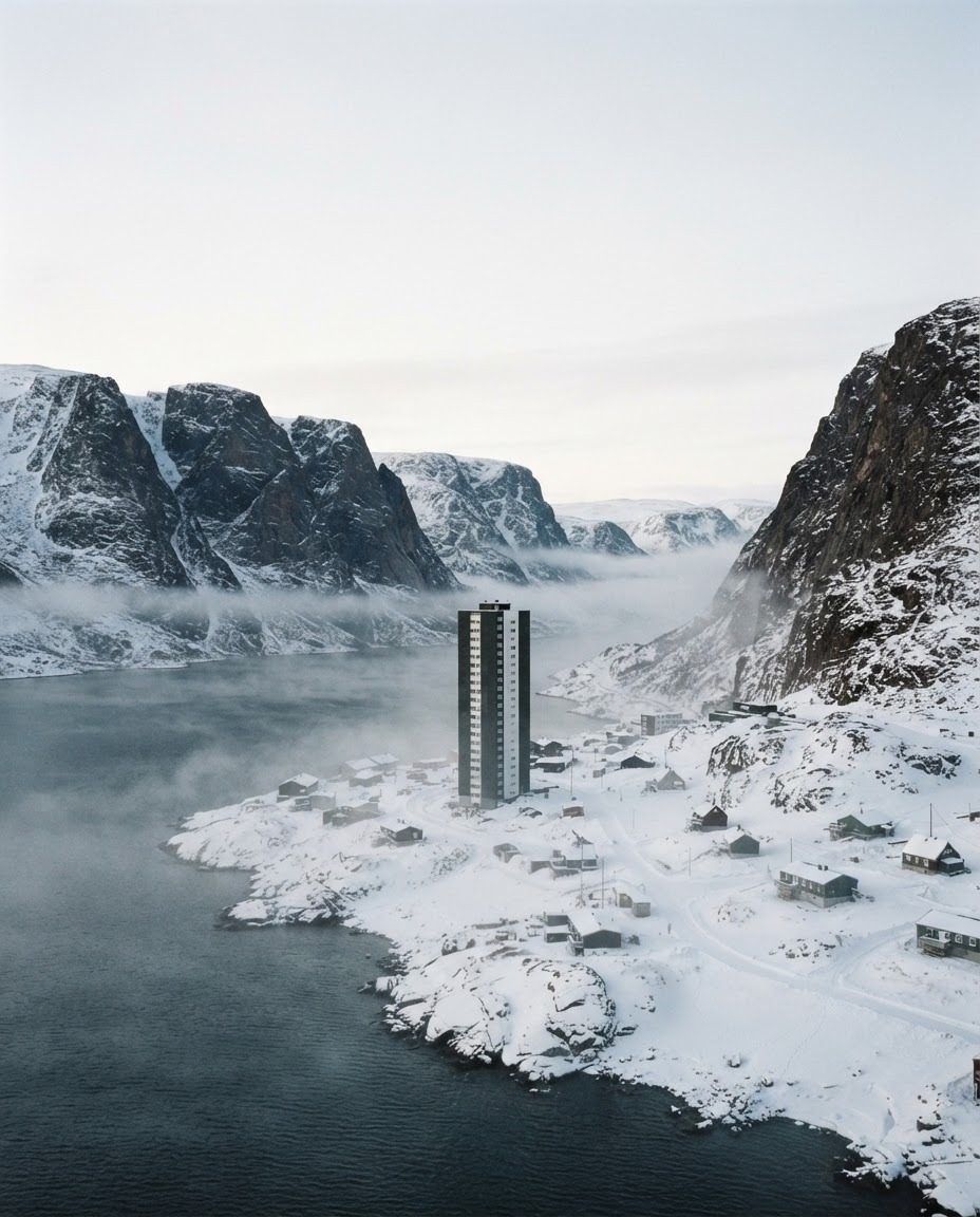 Snowy Landscape Contrasts Modern and Traditional Buildings