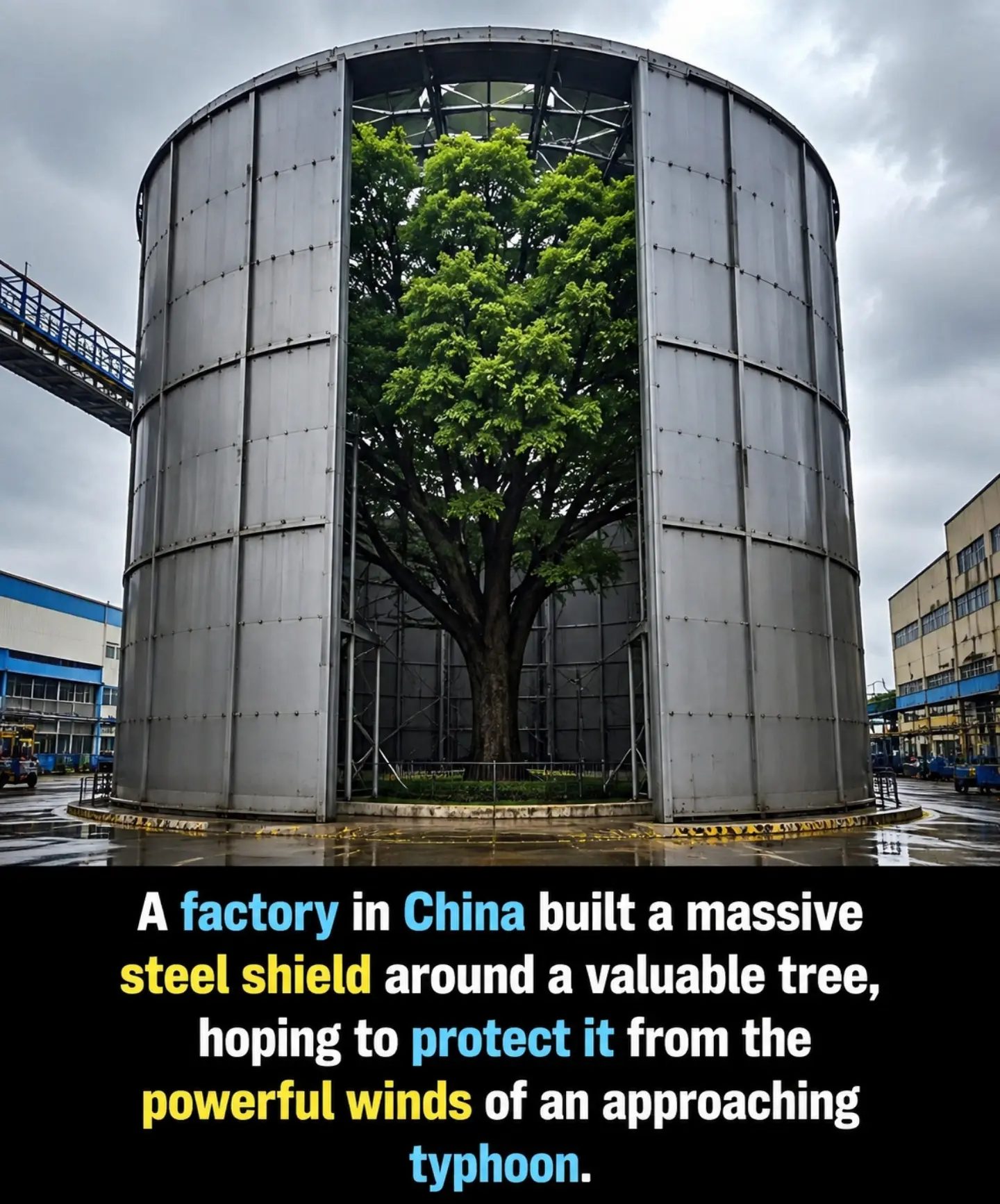 China Factory Protects Tree with Steel Shield for Typhoon