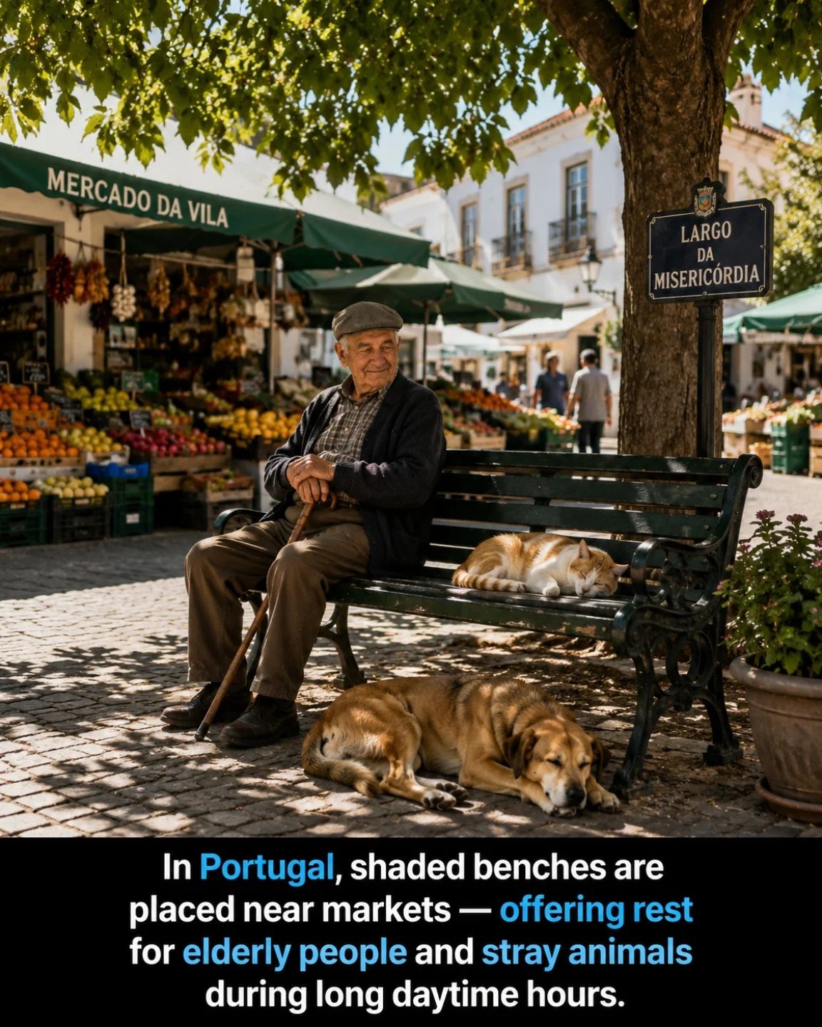 Relaxing in the Sun: Portugal's Shaded Benches Near Mercado da Vila