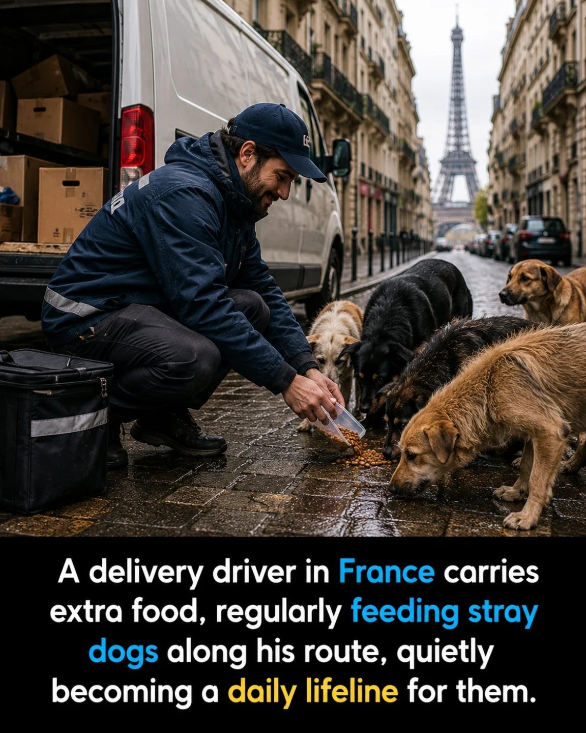 Delivery Driver Feeding Stray Dogs in Paris