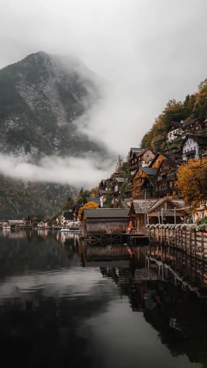 Misty Mountain Village by Lake