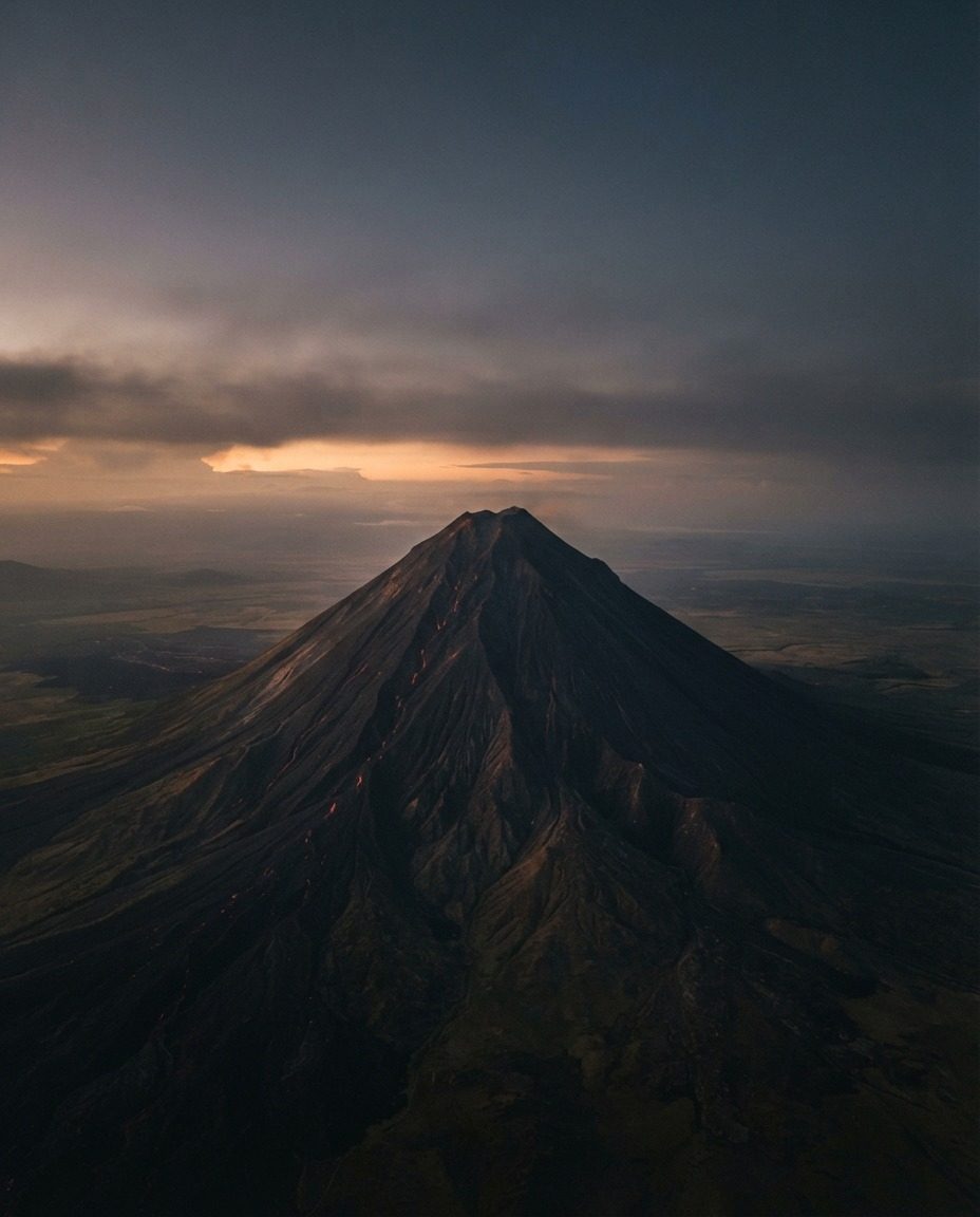 Volcanic Landscape: Sunset Aerial View