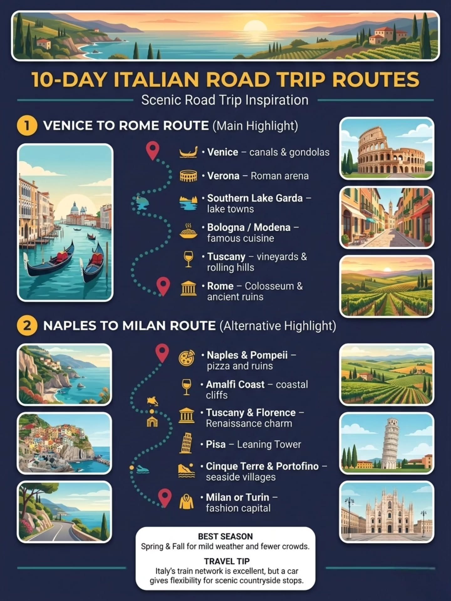 10-Day Italian Road Trip: Venice to Rome or Naples to Milan Routes
