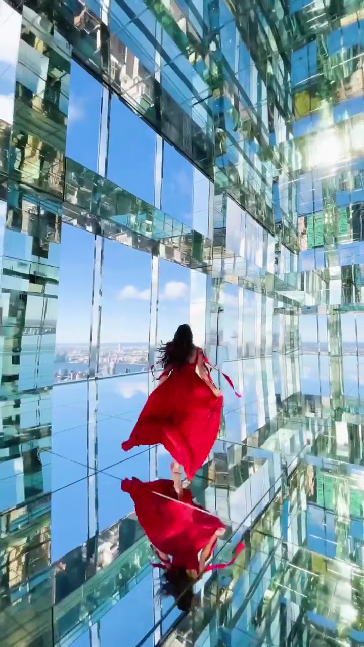 Woman in Red Dress Overlooking New York City