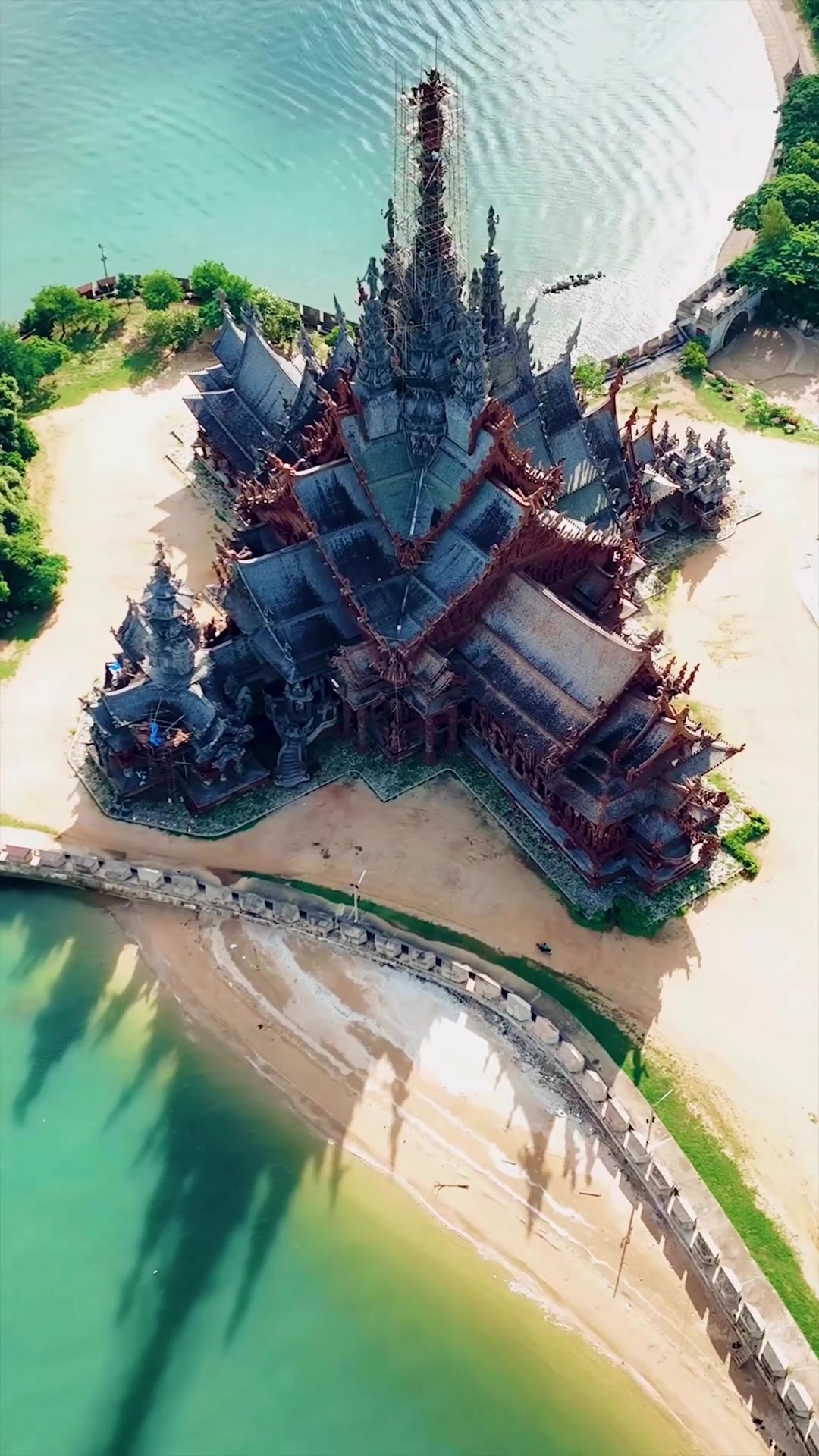 Sanctuary of Truth: Aerial View of Thailand's Wooden Temple