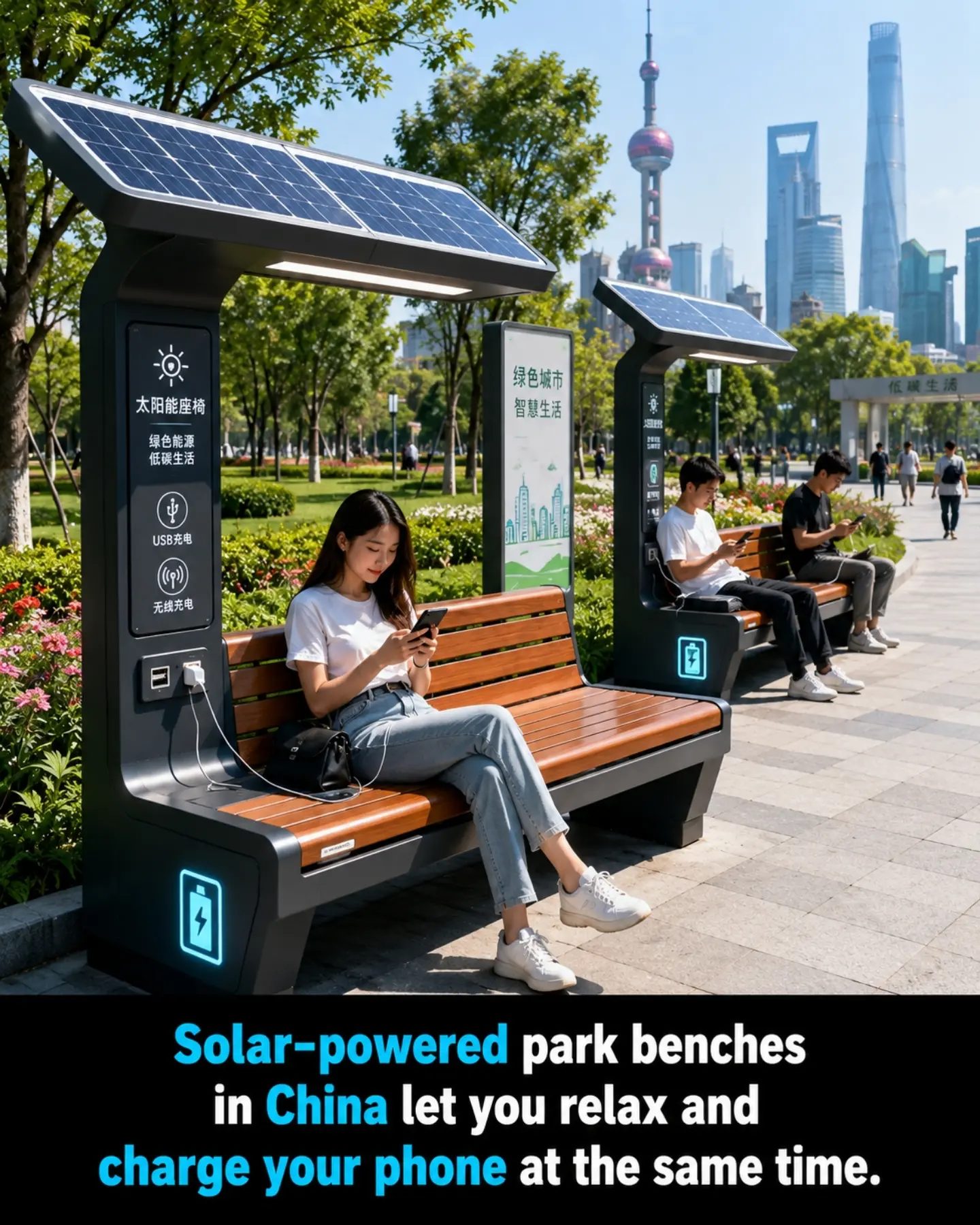 Solar-Powered Park Benches Charge Phones in China