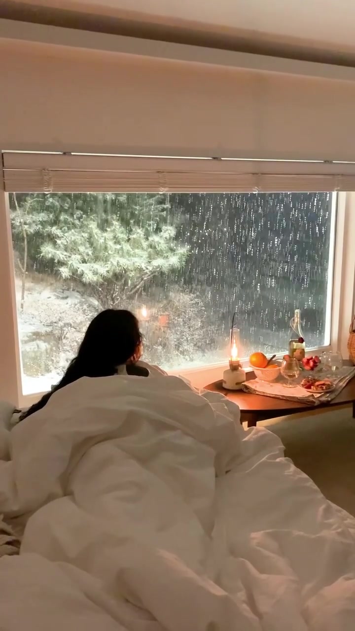 Cozy Morning in Bed with Winter Snow View