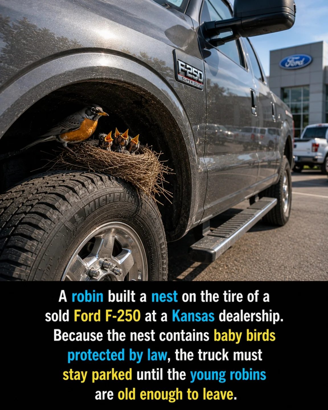 Robin's Nest on Ford F-250 Tire at Dealership