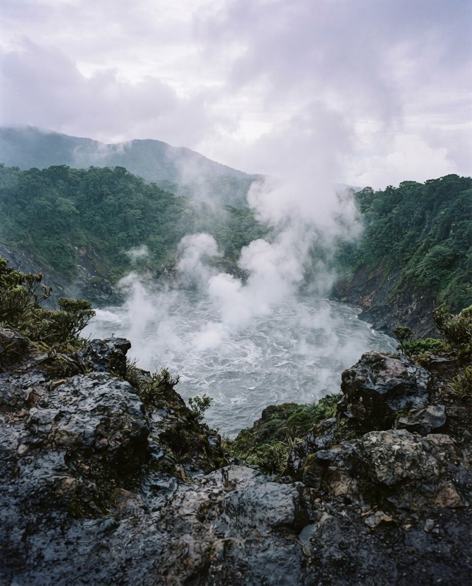 River View: Misty Forest and Rocky Terrain