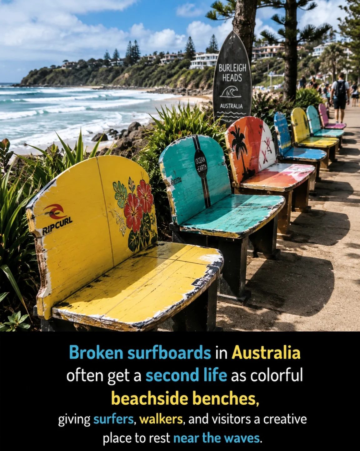 Reusing Surfboards as Colorful Benches in Burleigh Heads