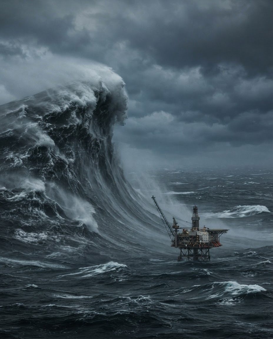 Stormy Sea Oil Rig Wave Impact