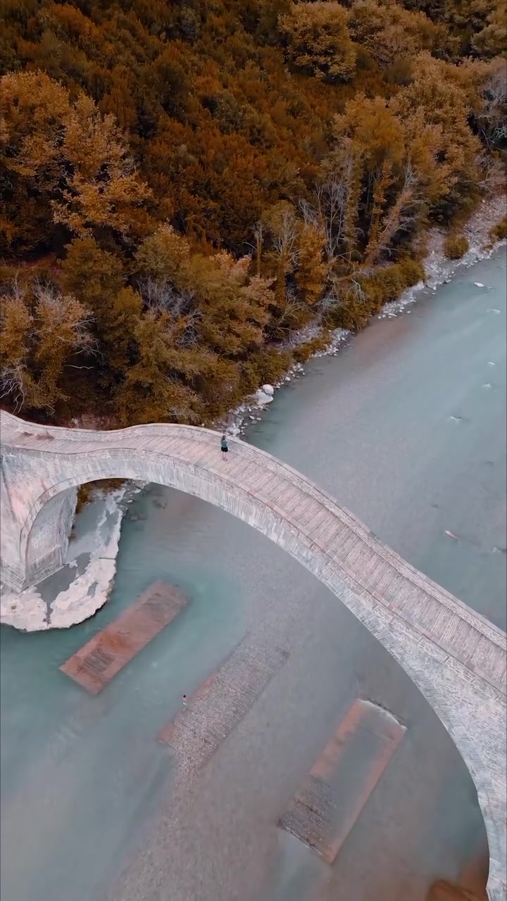 Mountain River Landscape: Aerial View of Stone Bridge