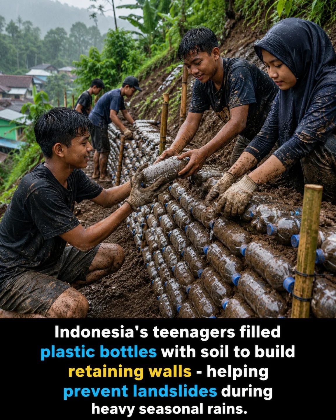 Indonesian Teens Use Plastic Bottles to Build Landslide Barriers