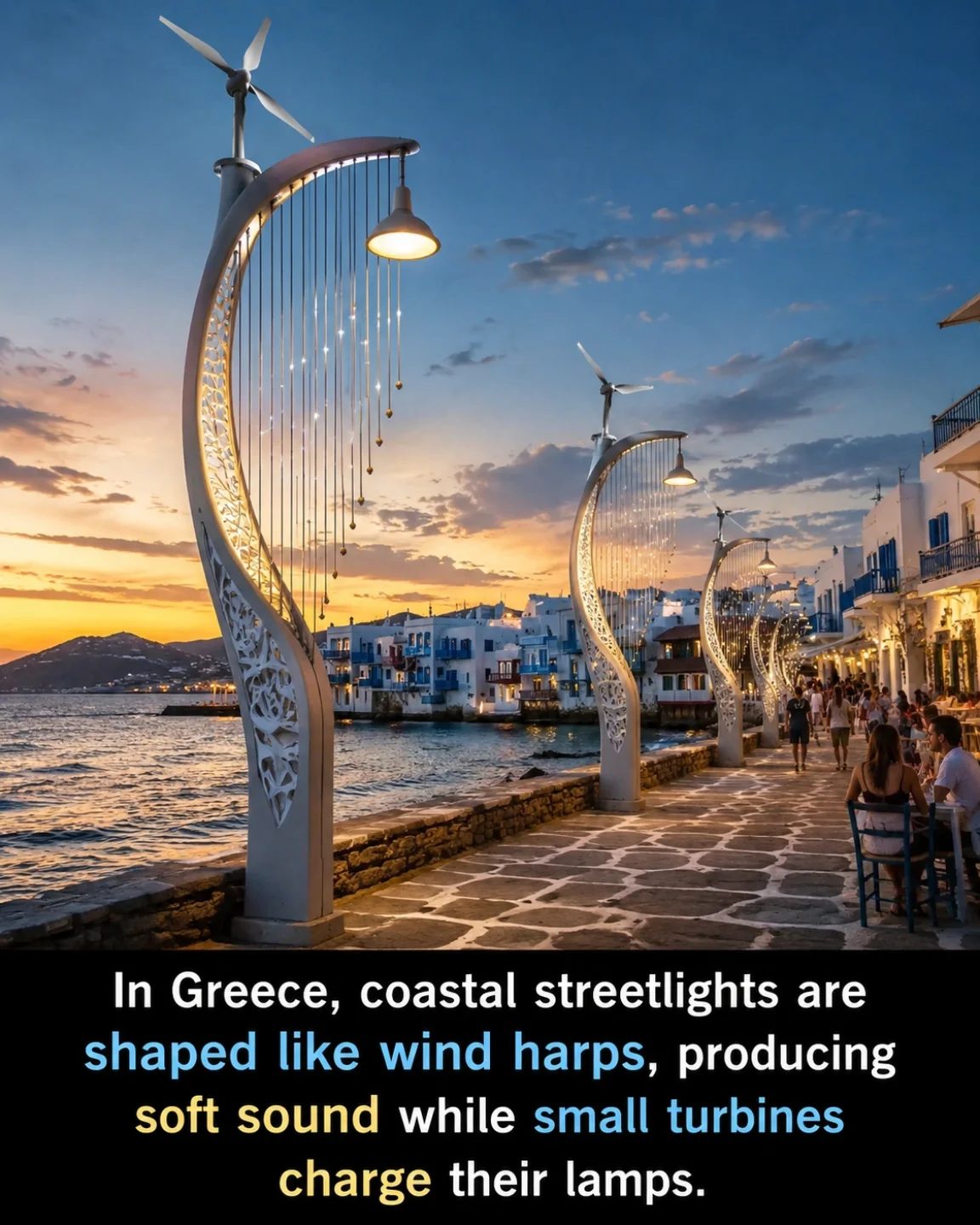 Unique Wind Harp Streetlights in Greece: Sustainable and Musical