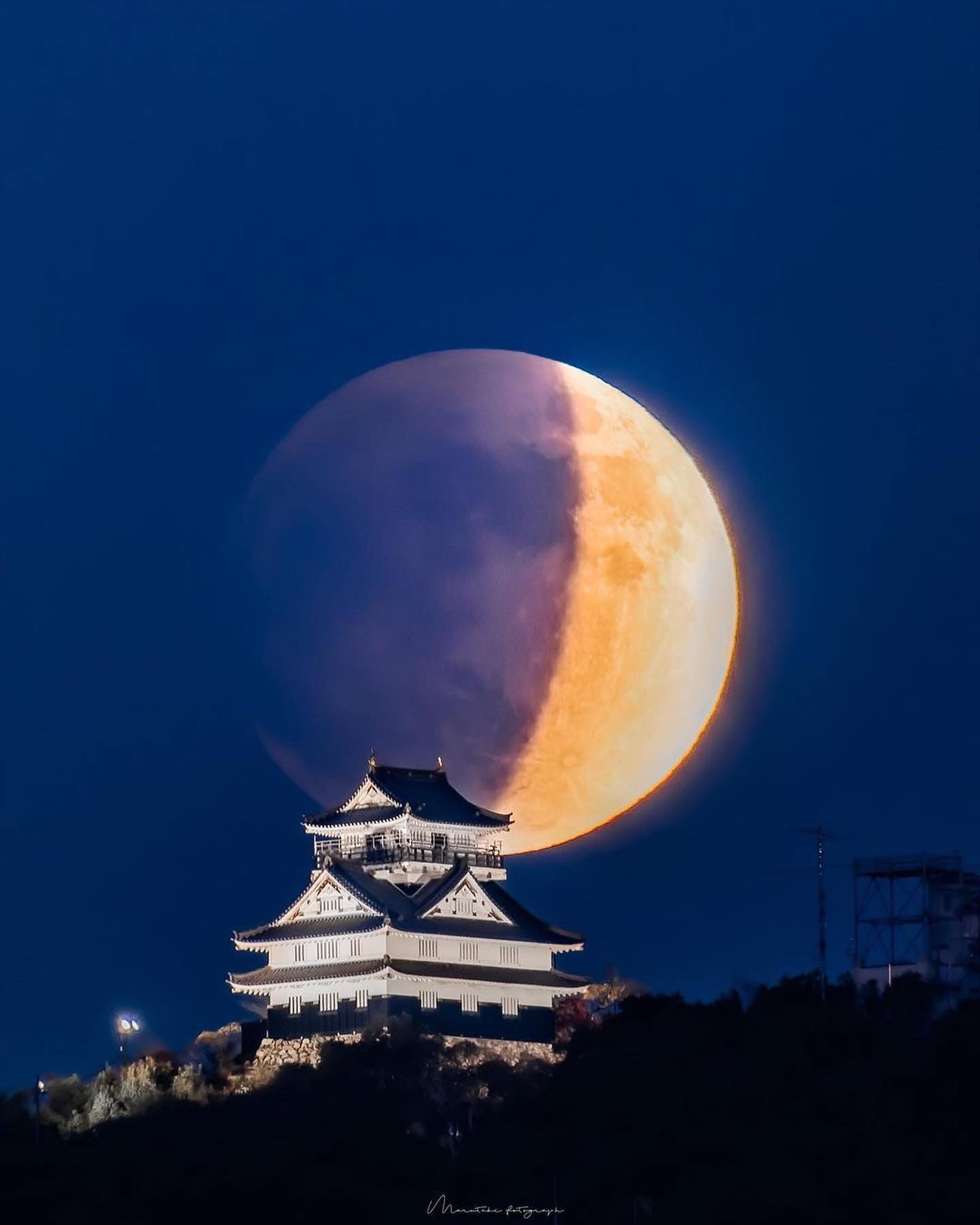 Lunar Eclipse Photography Over Japanese Castle