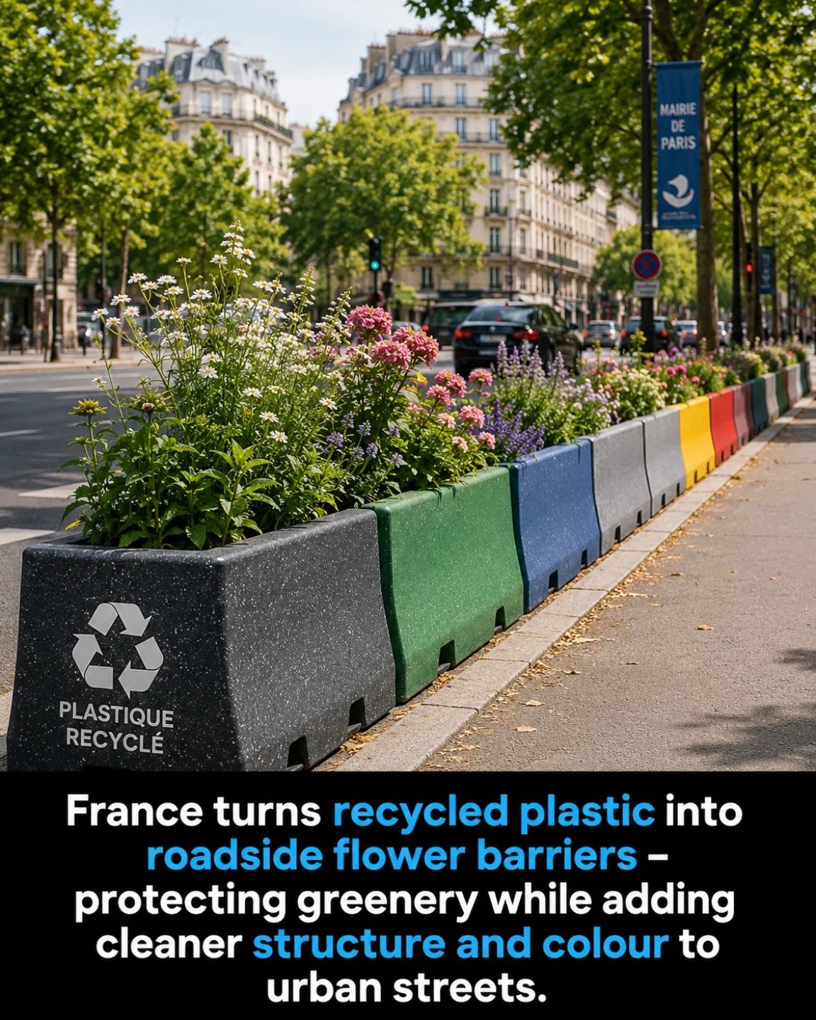 France's Eco-Friendly Streets: Recycled Plastic Flower Barriers