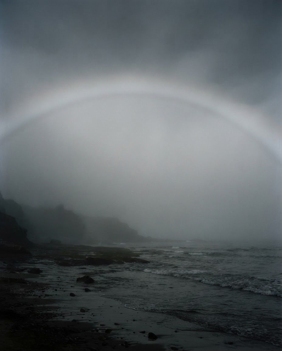 Coastal Fog and Rainbow: Atmospheric Scene