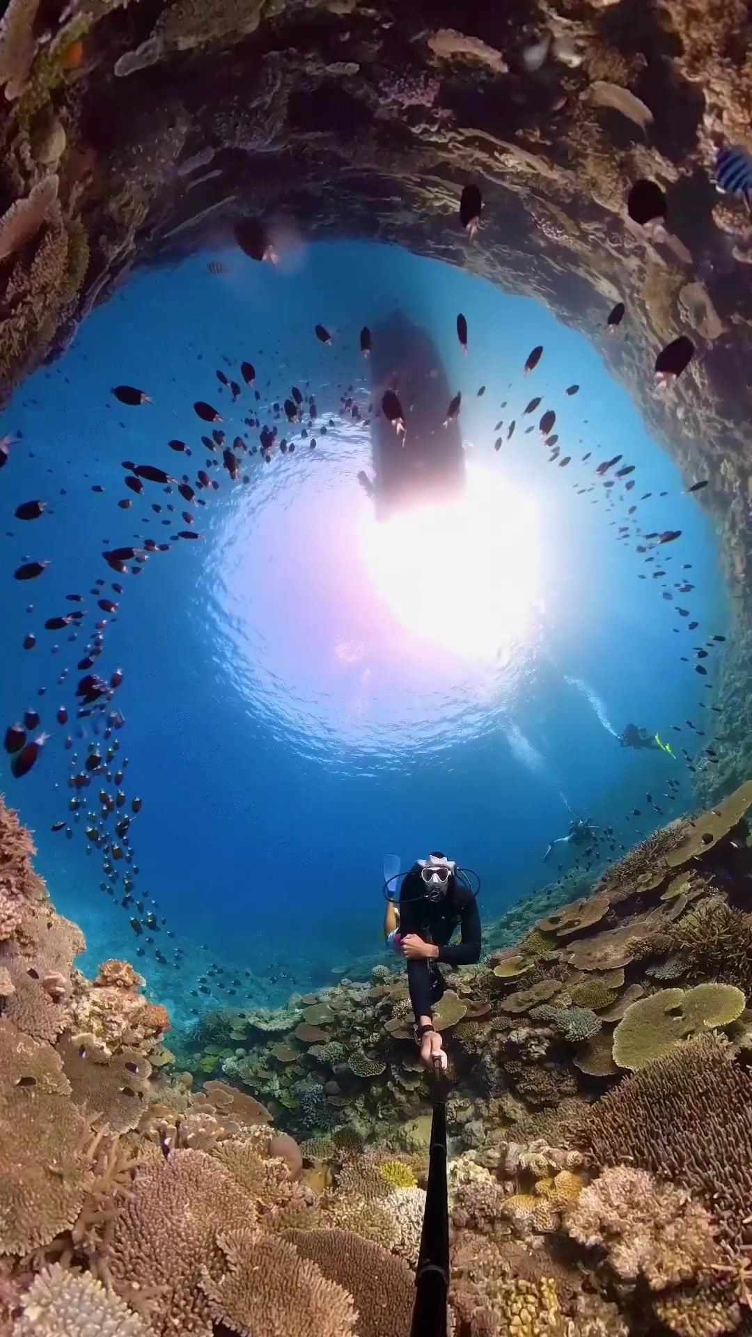 Underwater Cave Diving: Fisheye View of Marine Life