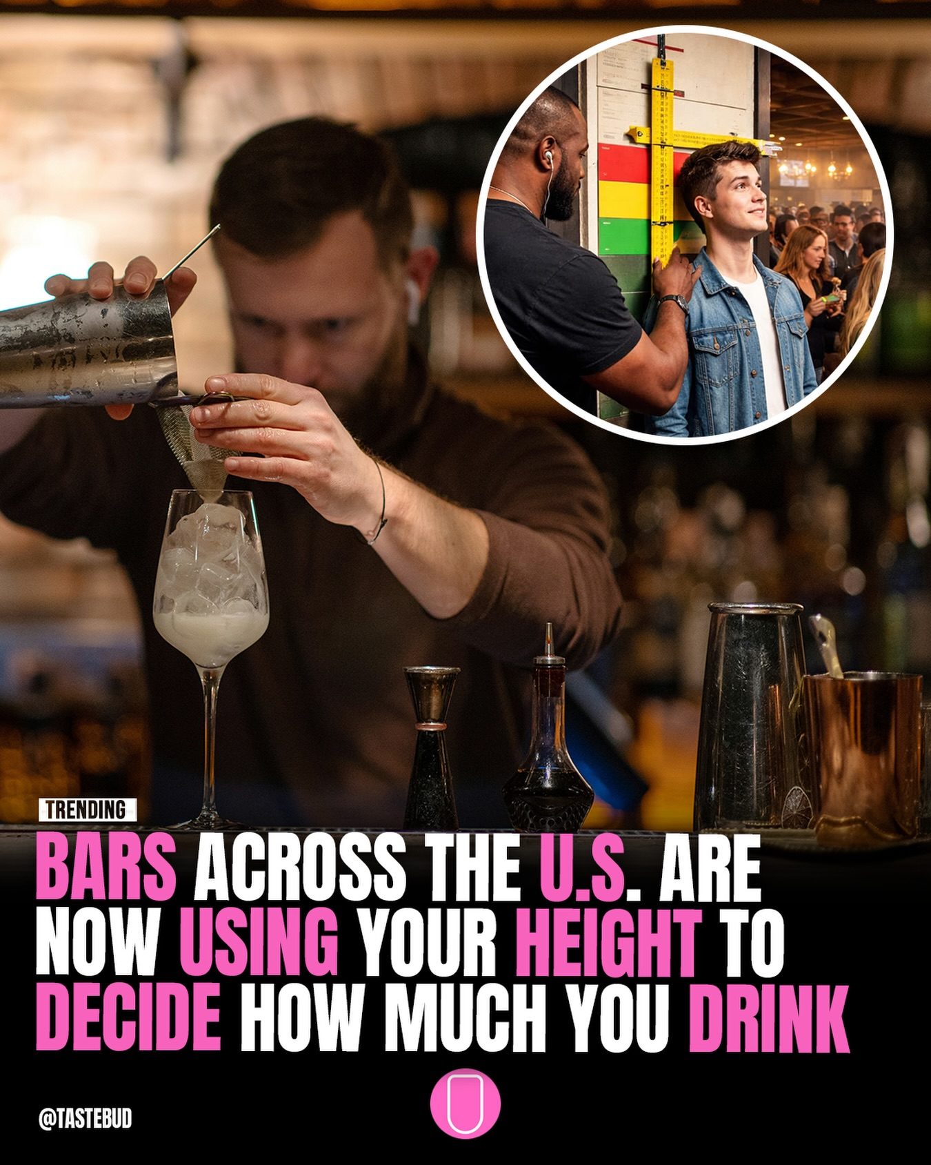 Here are some ideas:

- Bars' Height-Based Drink Rumor: Satire or Reality?
- The Truth about Bars Serving Smaller Drinks Based on Height
- Height-Based Drink Portions: A Hoax or a New Trend?