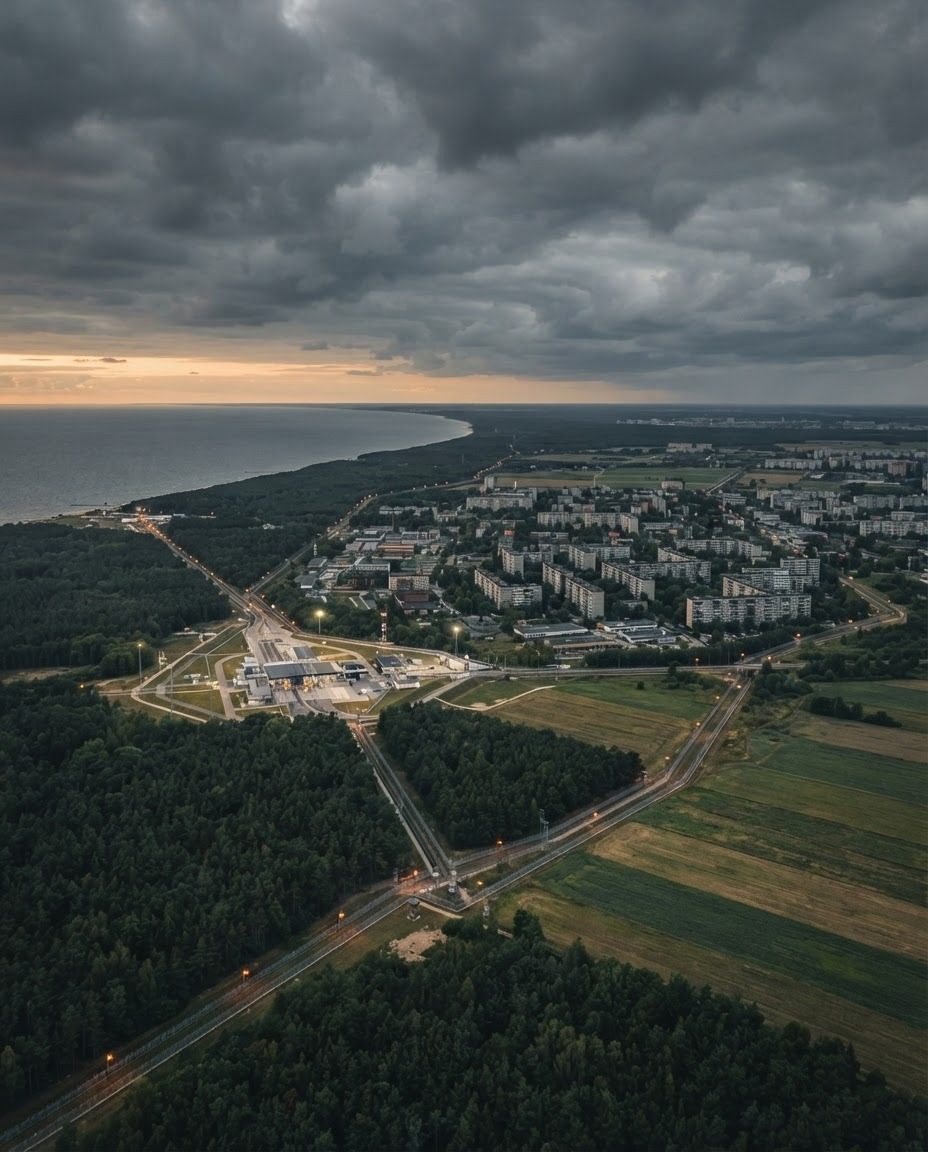 Aerial View of Coastal Town with Dramatic Clouds