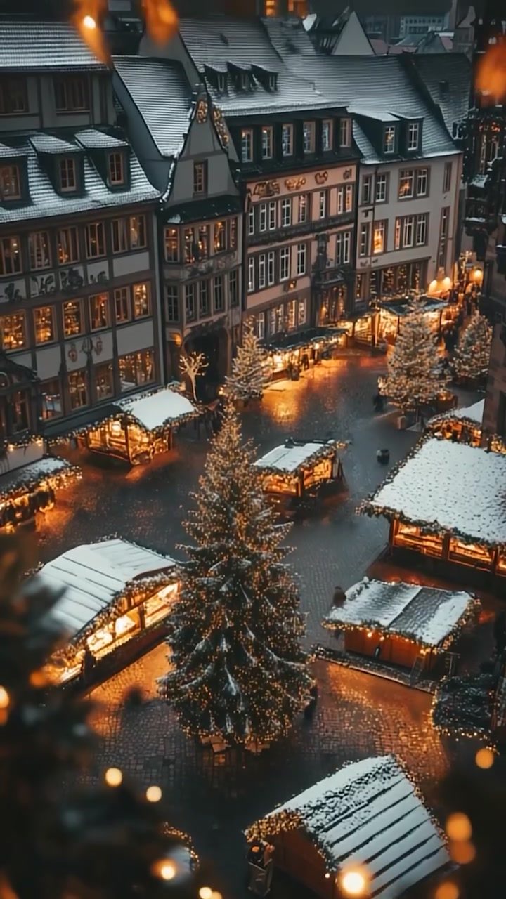 Aerial Views of Snowy Christmas Markets in Europe