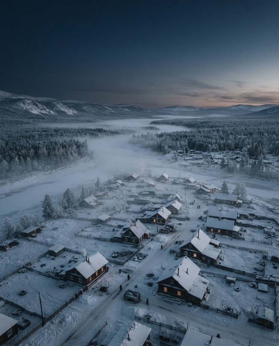 Aerial View of Snow-Covered Village in Winter