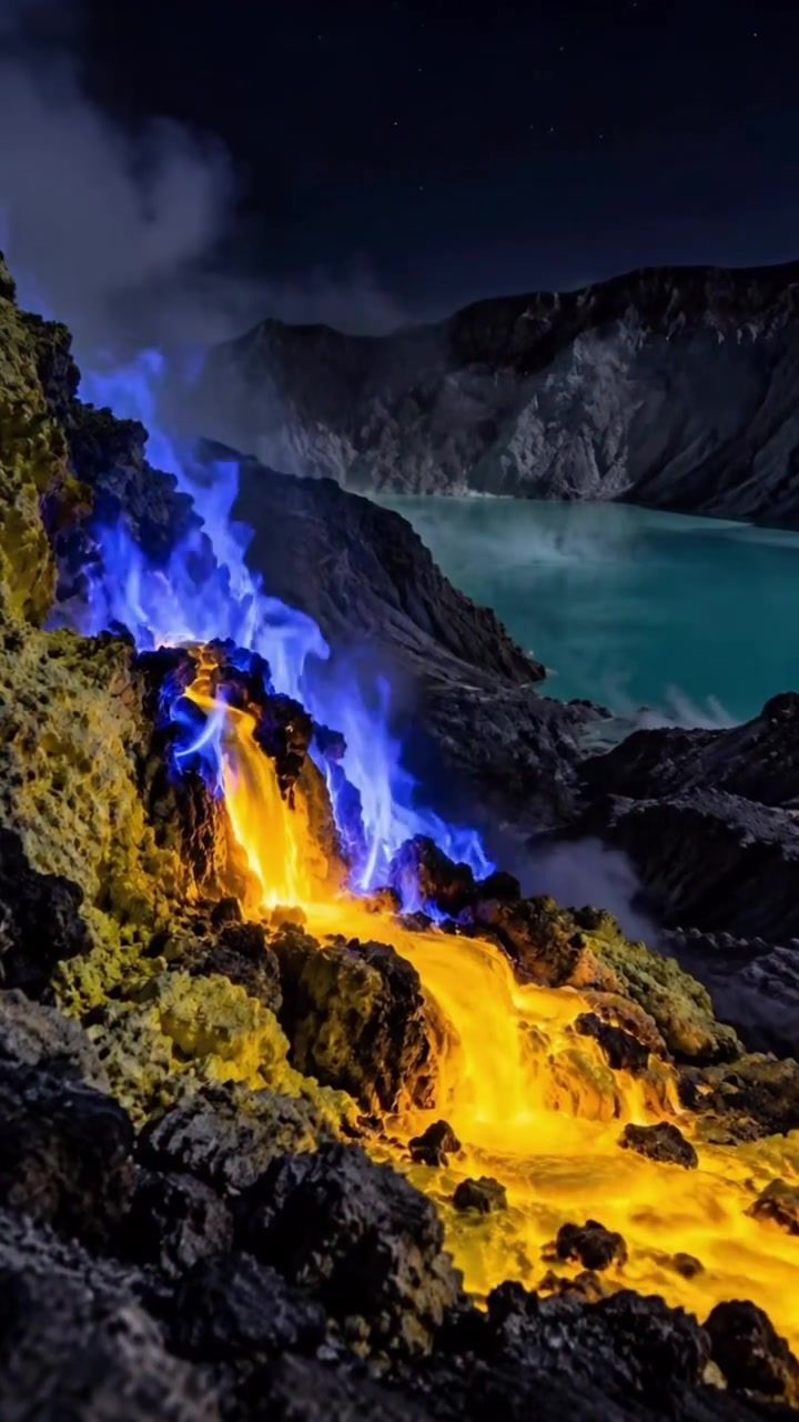 Kawah Ijen's Blue Flames: Volcanic Eruption at Night