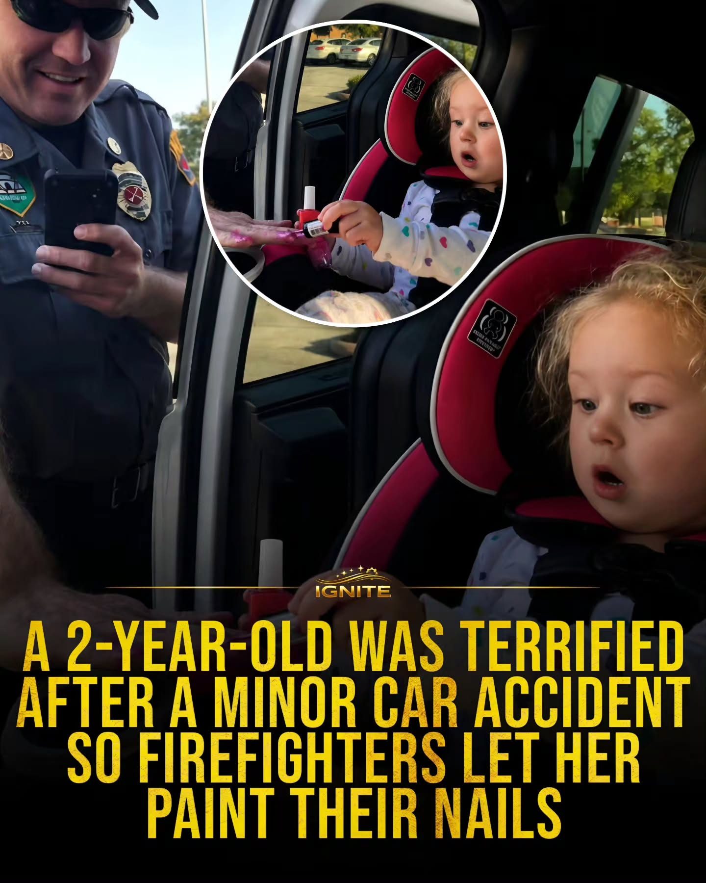 Firefighters Soothe Child After Accident with Purple Nails